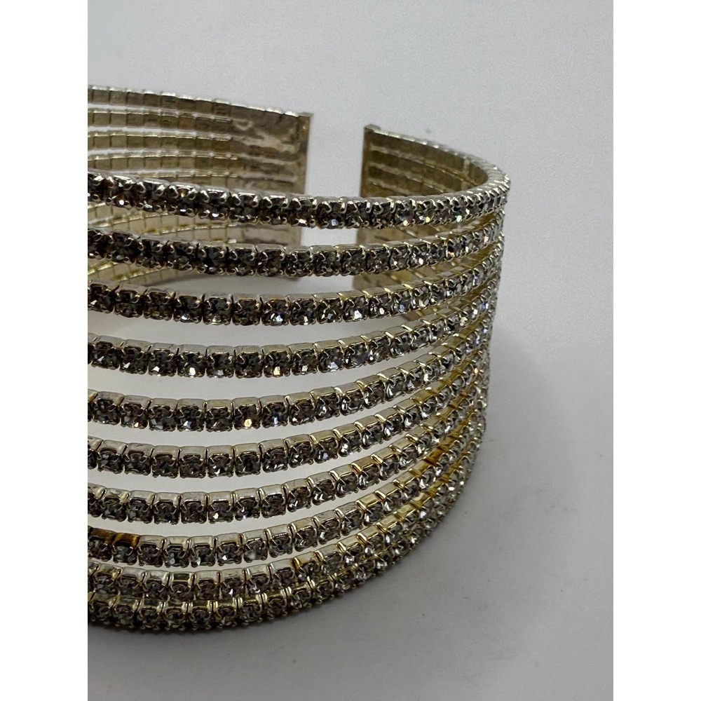 Gold Tone Multi Row Rhinestone Cuff Bracelet 10 Band Crystal Statement Bangle - Picture 5 of 11